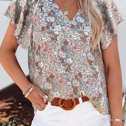 Floral print V-neck loose elegant pullover chiffon shirt