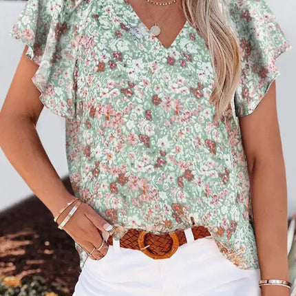Floral print V-neck loose elegant pullover chiffon shirt