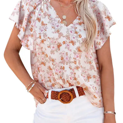 Floral print V-neck loose elegant pullover chiffon shirt