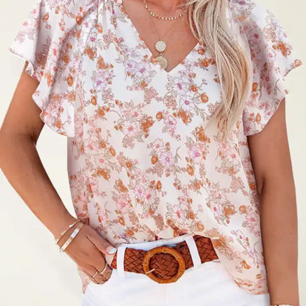 Floral print V-neck loose elegant pullover chiffon shirt