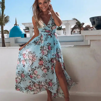 Women's Floral Print Still The One Faux Wrap Slit Gown
