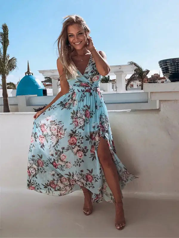 Women's Floral Print Still The One Faux Wrap Slit Gown