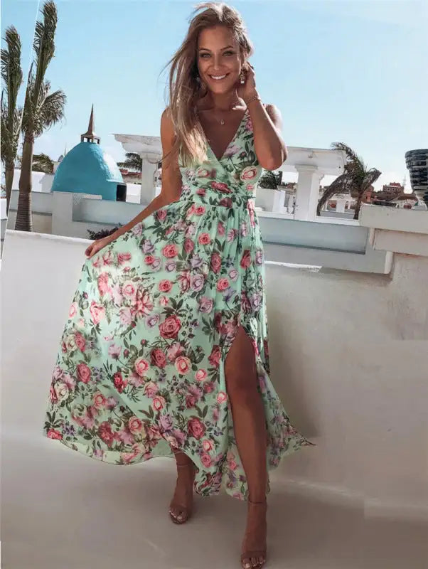 Women's Floral Print Still The One Faux Wrap Slit Gown