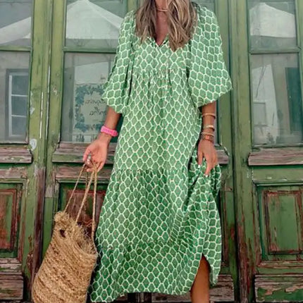 Women's Geometric Print Puff-sleeve Maxi Dress