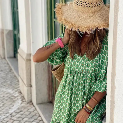 Women's Geometric Print Puff-sleeve Maxi Dress