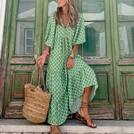 Women's Geometric Print Puff-sleeve Maxi Dress