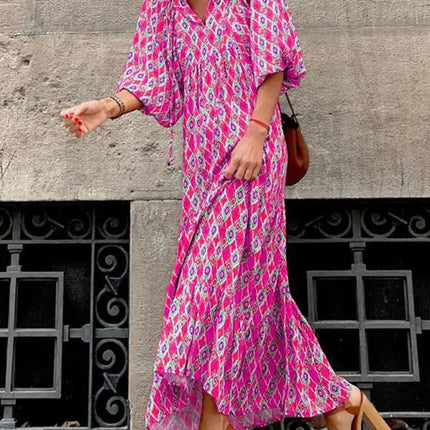 Women's Geometric Print Puff-sleeve Maxi Dress