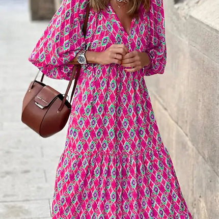 Women's Geometric Print Puff-sleeve Maxi Dress