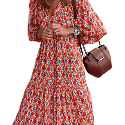 Women's Geometric Print Puff-sleeve Maxi Dress
