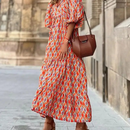Women's Geometric Print Puff-sleeve Maxi Dress