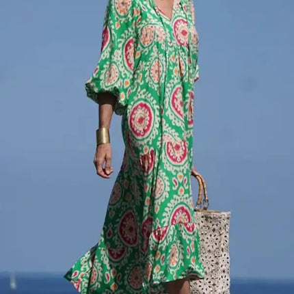 Women's Geometric Print Puff-sleeve Maxi Dress