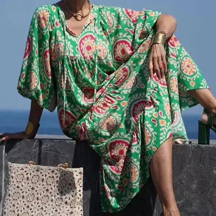 Women's Geometric Print Puff-sleeve Maxi Dress