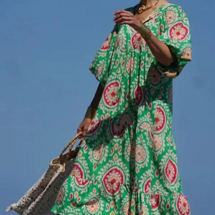 Women's Geometric Print Puff-sleeve Maxi Dress