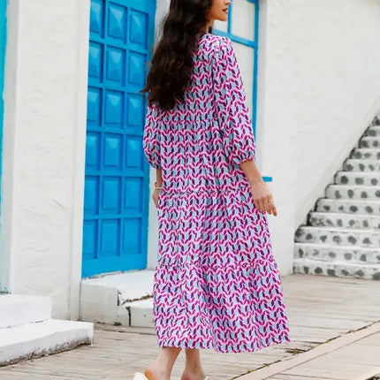 Women's Geometric Print Puff-sleeve Maxi Dress