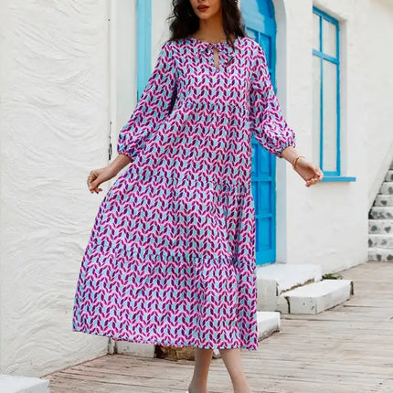Women's Geometric Print Puff-sleeve Maxi Dress