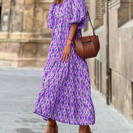 Women's Geometric Print Puff-sleeve Maxi Dress