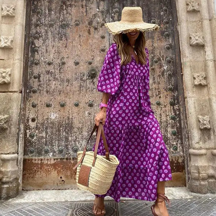 Women's Geometric Print Puff-sleeve Maxi Dress