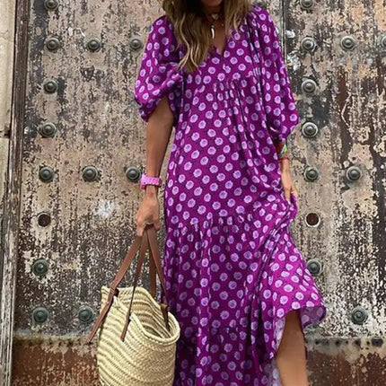 Women's Geometric Print Puff-sleeve Maxi Dress