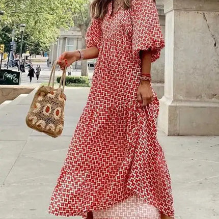 Women's Geometric Print Puff-sleeve Maxi Dress