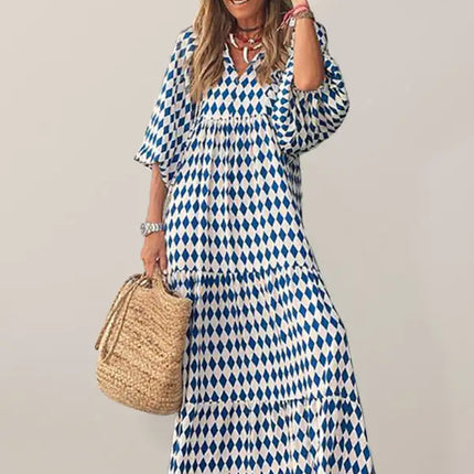 Women's Geometric Print Puff-sleeve Maxi Dress