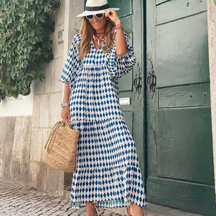 Women's Geometric Print Puff-sleeve Maxi Dress