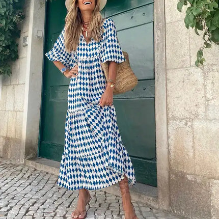 Women's Geometric Print Puff-sleeve Maxi Dress