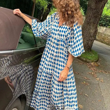 Women's Geometric Print Puff-sleeve Maxi Dress