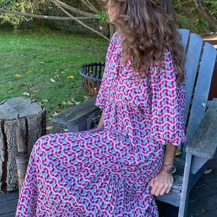 Women's Geometric Print Puff-sleeve Maxi Dress