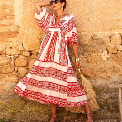 Women's Geometric Print Puff-sleeve Maxi Dress