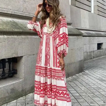 Women's Geometric Print Puff-sleeve Maxi Dress