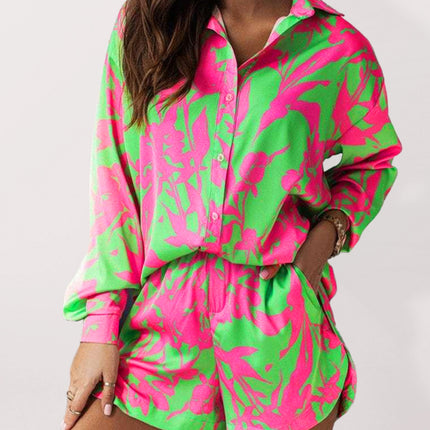 Women's Bright Printed Long Sleeve Notch Collar Top And Short Set