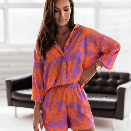 Women's Bright Printed Long Sleeve Notch Collar Top And Short Set