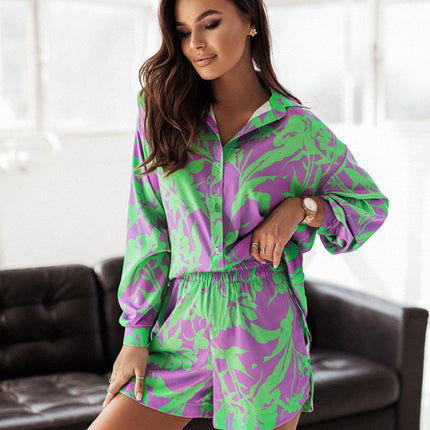 Women's Bright Printed Long Sleeve Notch Collar Top And Short Set