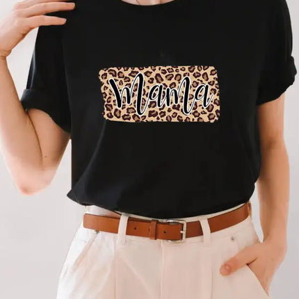 Camiseta corta con cuello redondo y estampado de leopardo de manga corta para mujer 