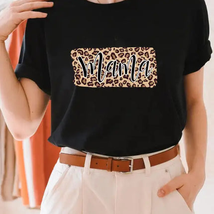 Camiseta corta con cuello redondo y estampado de leopardo de manga corta para mujer 