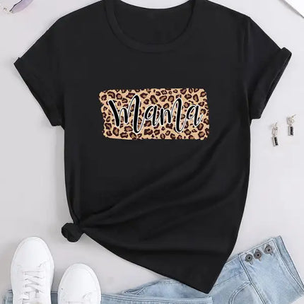 Camiseta corta con cuello redondo y estampado de leopardo de manga corta para mujer 