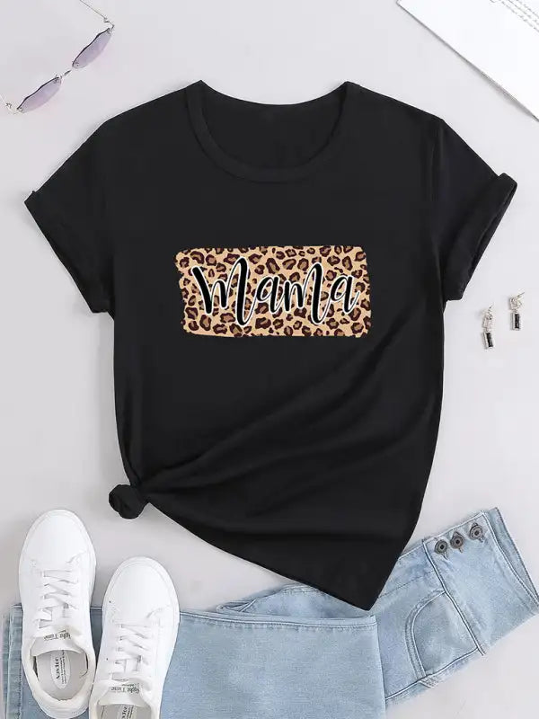 Camiseta corta con cuello redondo y estampado de leopardo de manga corta para mujer 