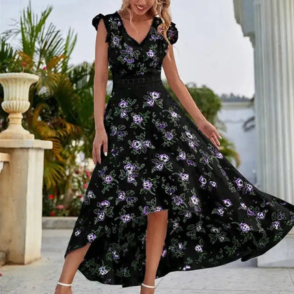 Women's Floral Print V-neck Flutter Sleeve High-low Chiffon Dress