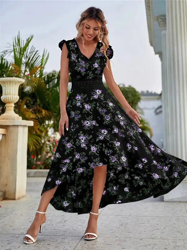 Women's Floral Print V-neck Flutter Sleeve High-low Chiffon Dress
