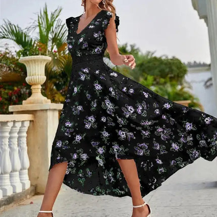 Women's Floral Print V-neck Flutter Sleeve High-low Chiffon Dress