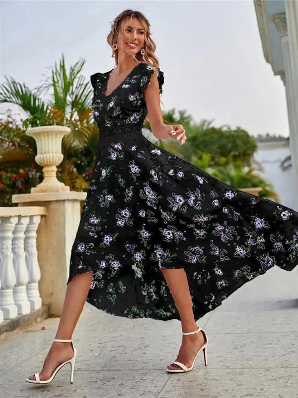 Women's Floral Print V-neck Flutter Sleeve High-low Chiffon Dress