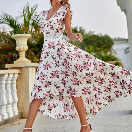 Women's Floral Print V-neck Flutter Sleeve High-low Chiffon Dress