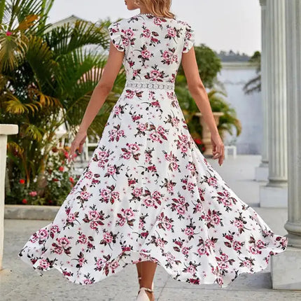 Women's Floral Print V-neck Flutter Sleeve High-low Chiffon Dress