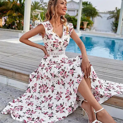 Women's Floral Print V-neck Flutter Sleeve High-low Chiffon Dress