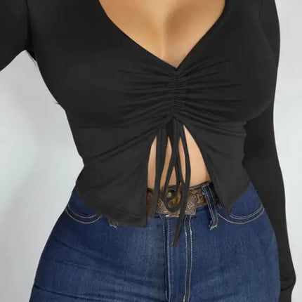 Top corto con cordón fruncido y cuello dividido de color liso para mujer 