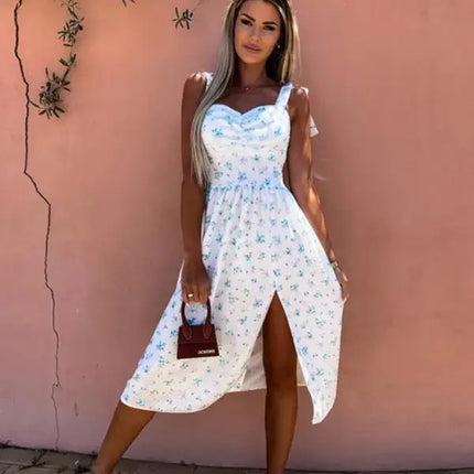 Women's Floral Print Sweetheart Neckline Tie Shoulder Tiered Maxi Dress