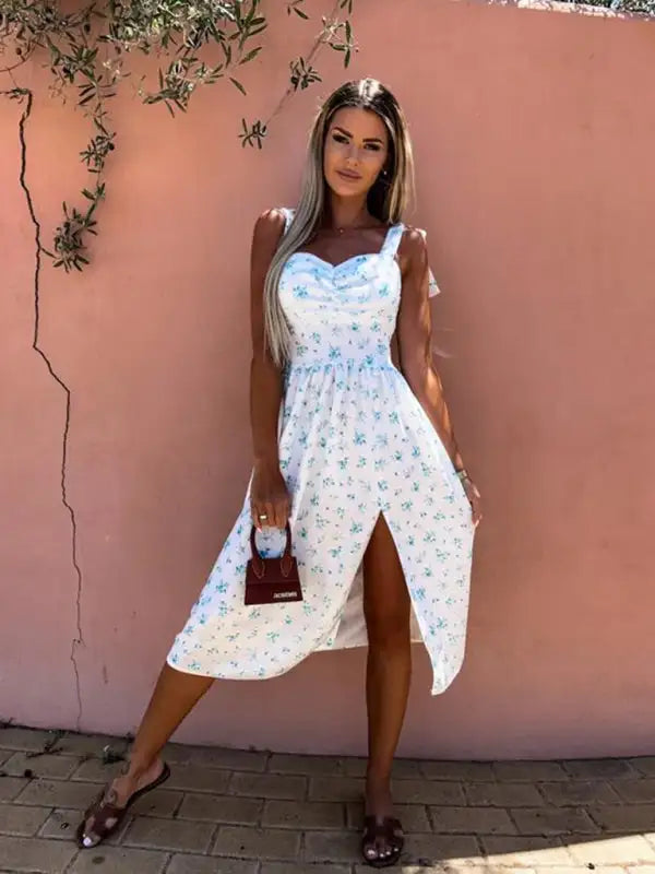 Women's Floral Print Sweetheart Neckline Tie Shoulder Tiered Maxi Dress