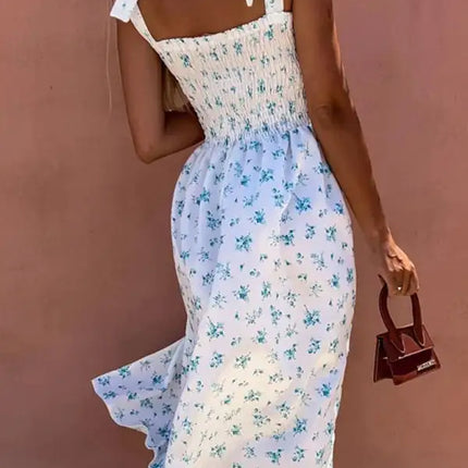 Women's Floral Print Sweetheart Neckline Tie Shoulder Tiered Maxi Dress