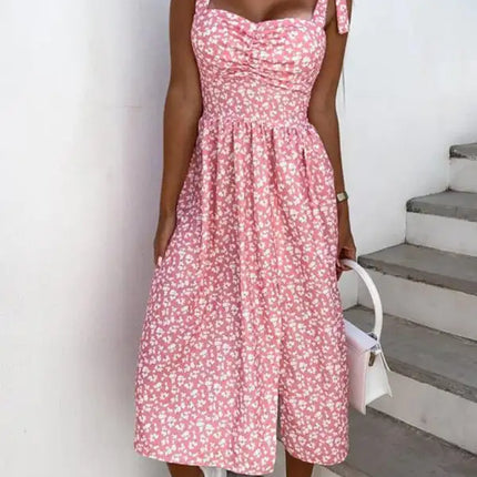 Women's Floral Print Sweetheart Neckline Tie Shoulder Tiered Maxi Dress