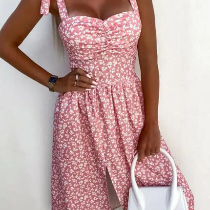 Women's Floral Print Sweetheart Neckline Tie Shoulder Tiered Maxi Dress